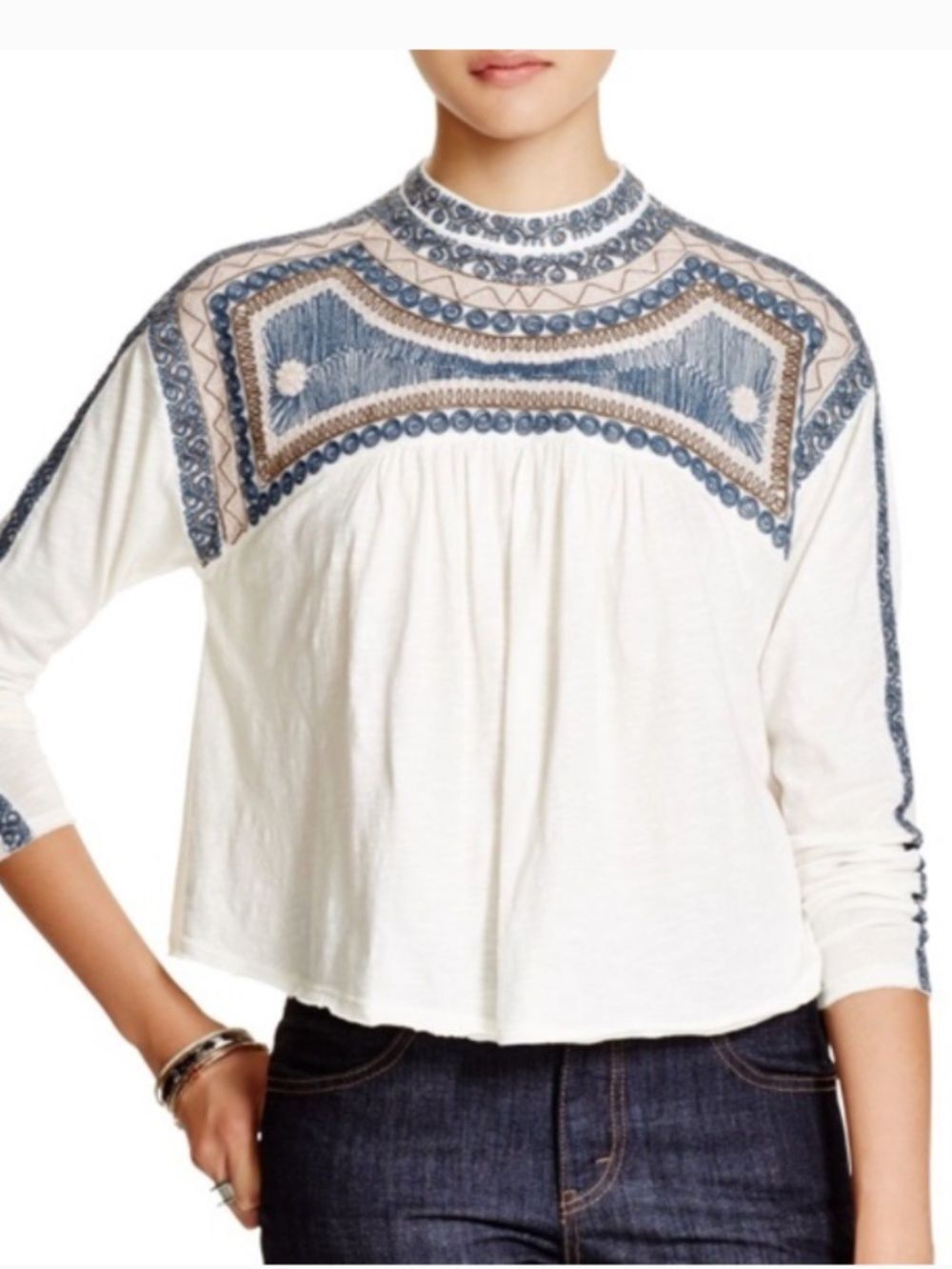 Free People Snow Bunny Slub Top Small Ivory Embroidered Boho Flawed